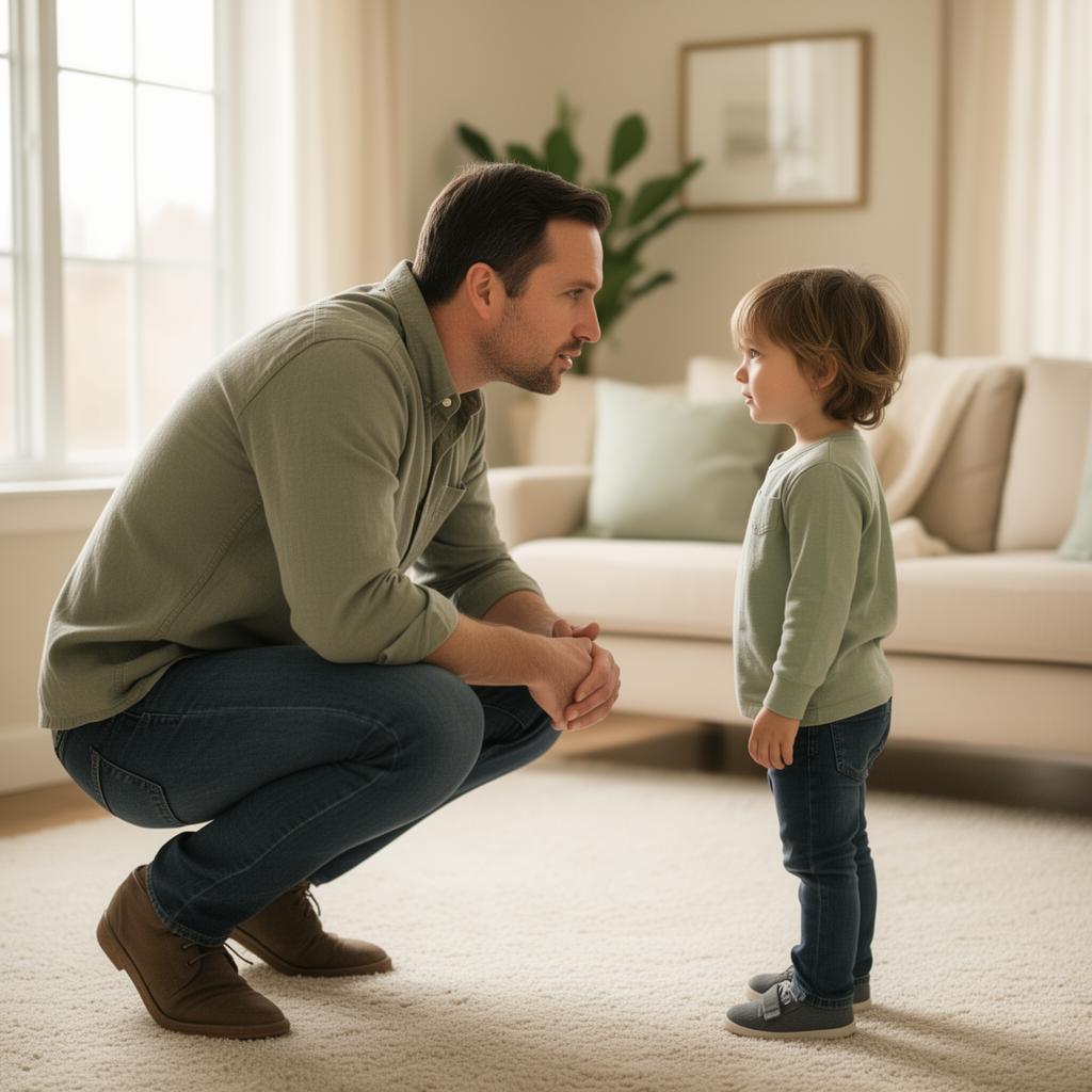 Padre poniendo un límite con calma a su hijo pequeño durante un momento de frustración.