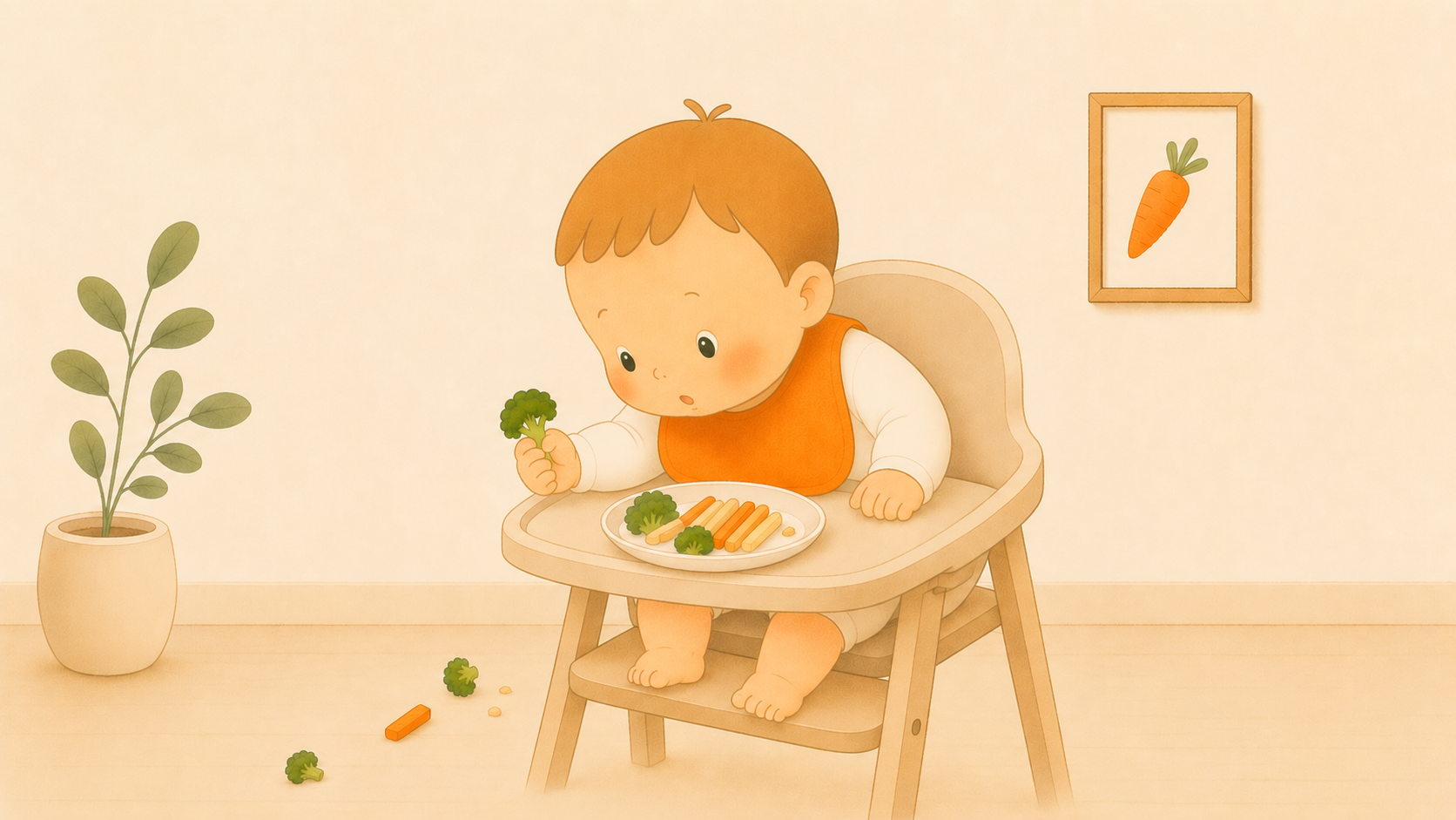 Bebé sentado en una trona dejando caer un trozo de brócoli al suelo mientras explora la alimentación complementaria.