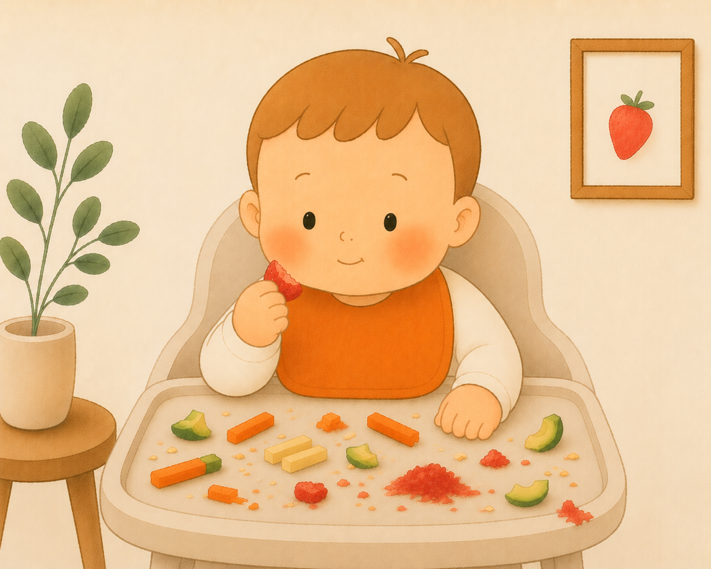 Bebé de seis meses iniciando la alimentación complementaria sentado en una trona mientras explora alimentos con las manos.