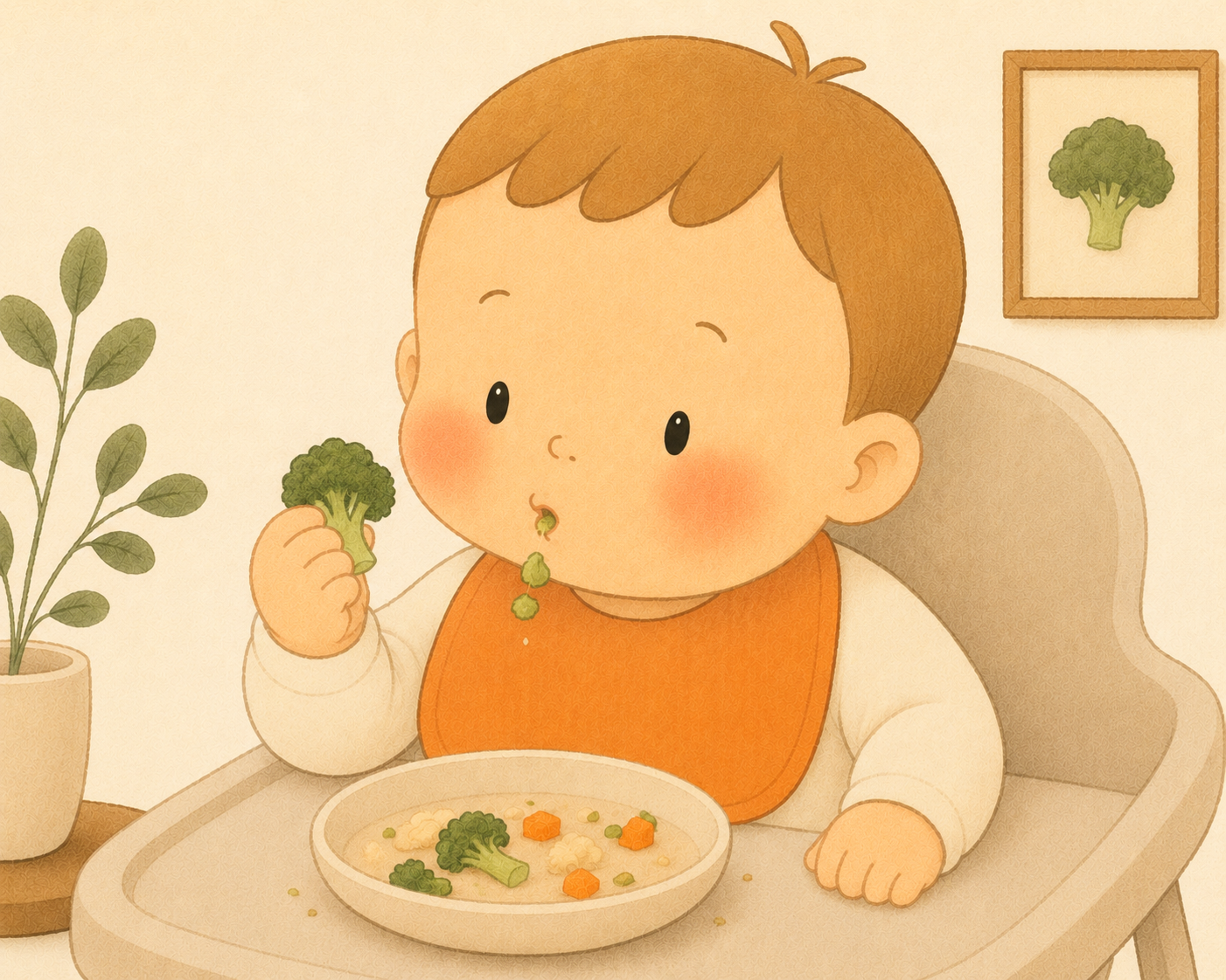 Ilustración de un bebé explorando la comida durante la alimentación complementaria mientras escupe suavemente un pequeño trozo de alimento como parte del aprendizaje.