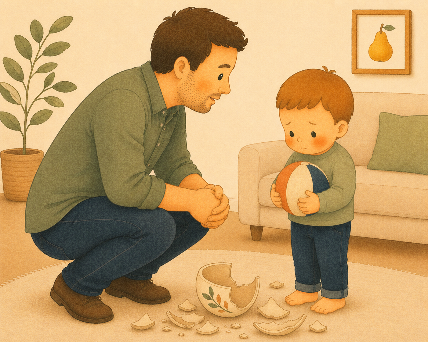 Padre poniendo un límite con calma a su hijo pequeño durante un momento de frustración.